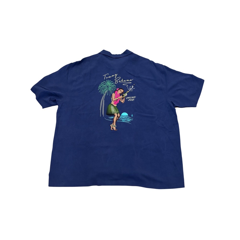 Tommy Bahama Mens XXL Blue Silk Camp Shirt Hula Girl Cheers 2018 Graphic Silk